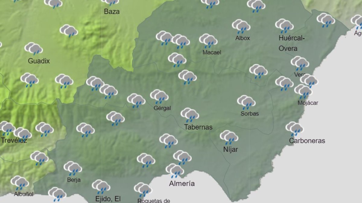 Mapa de Almería con la previsión de lluvias para esta semana.