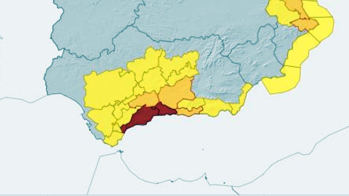 Mapa de Andalucía con las alertas de la Aemet.