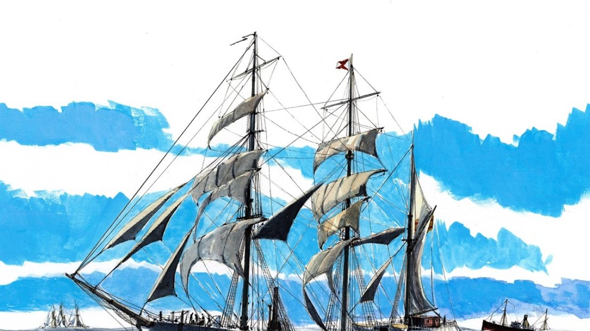 El 'Vicente Suarez' nº 2 en navegación. Acuarela de Roberto Hernández. El Ilustrador de Barcos.