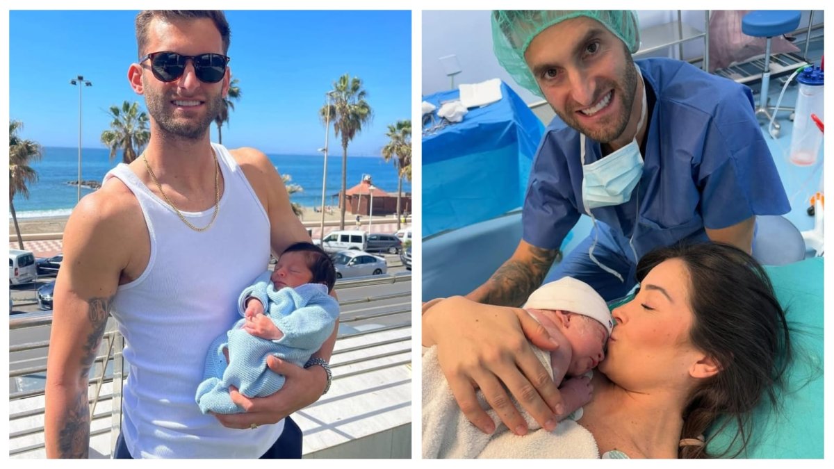 El futbolista del Almería con su hijo en 2023 (izquierda) y con su hija, recién nacida (derecha) y su mujer, el 8 de enero de este mes.