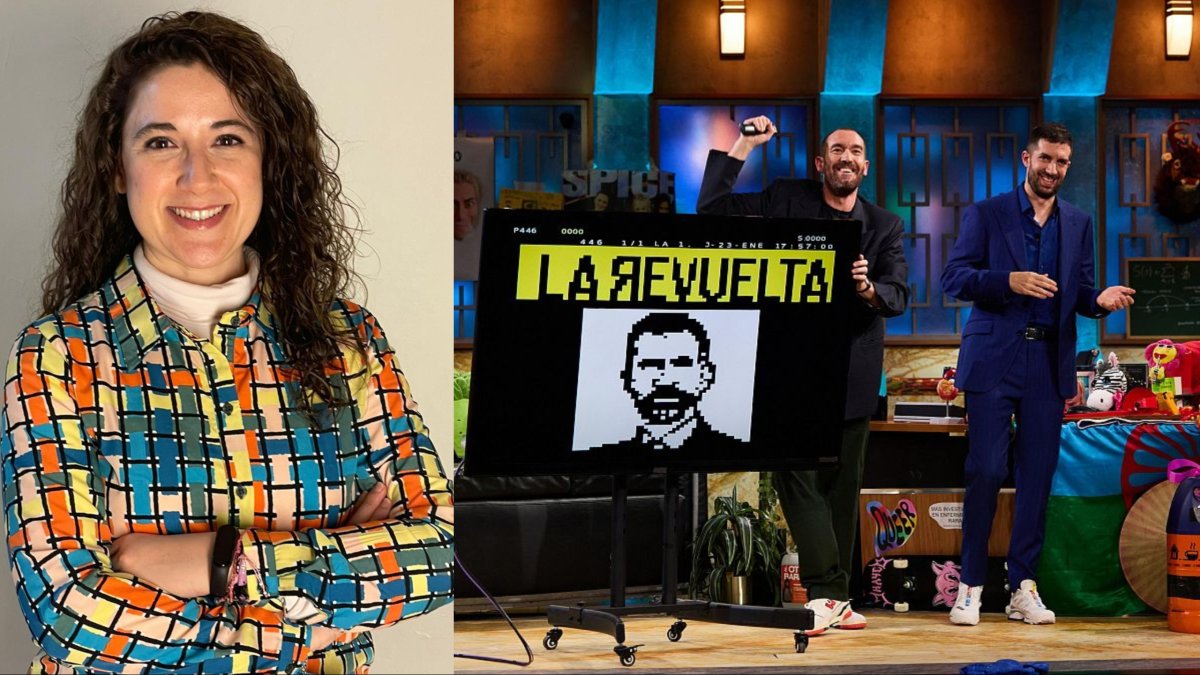 La periodista Celia Cañabate y una imagen de RTVE de La Revuelta en la que Ponce y Broncano muestran el retrato de Felipe VI en teletexto.