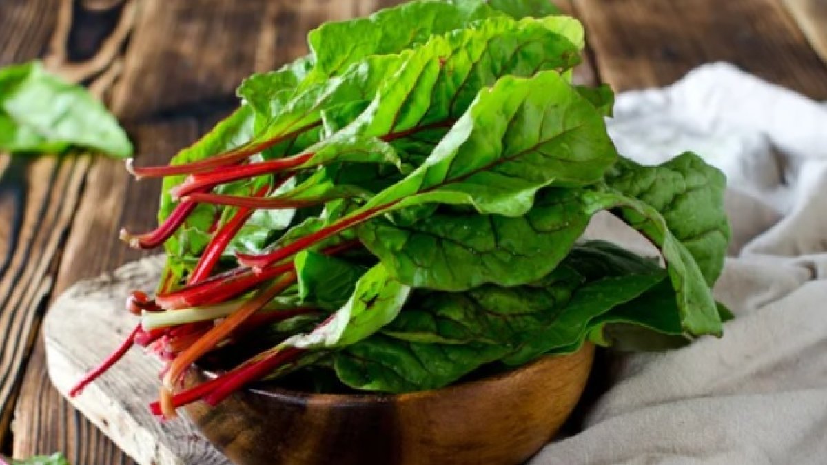 Una tazón con hojas de acelgas.