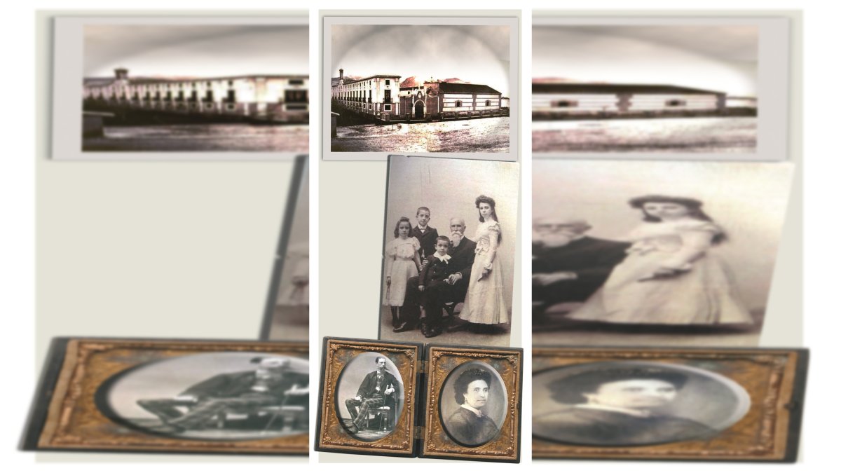 Imagen del Palacio del Almanzora a finales del XIX; Antonio Abellán, rodeado de nietos; el patricio cuevano, con su esposa Catalina Casanova.