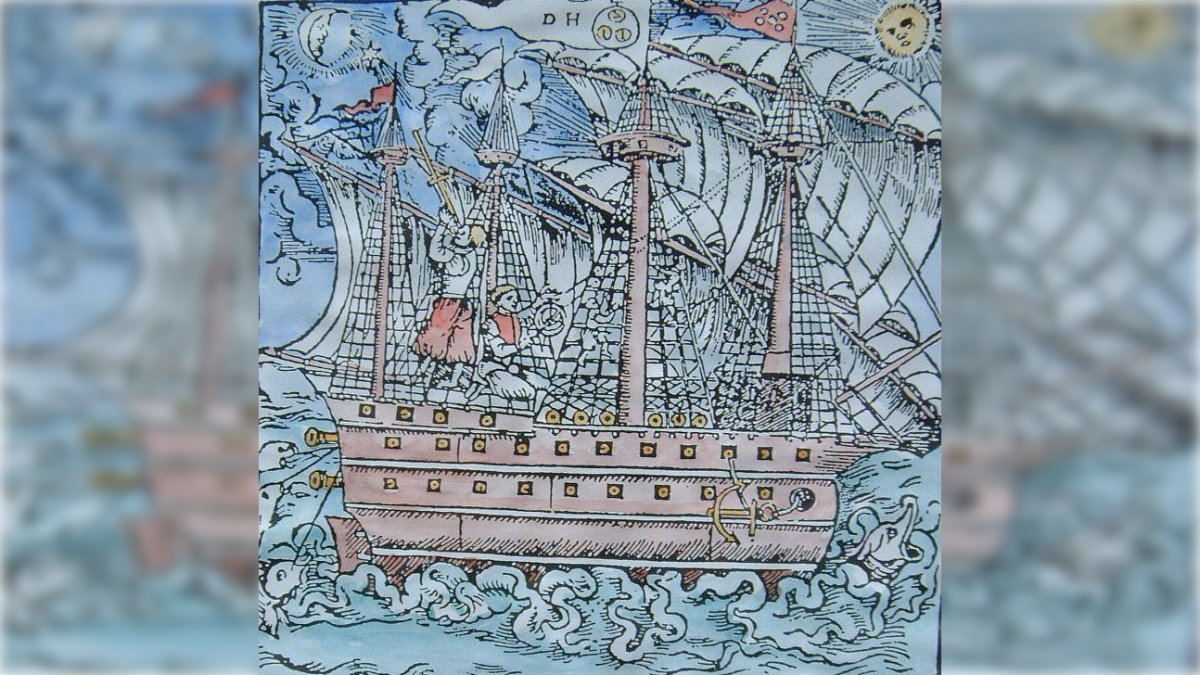 Dibujo de un par de marineros midiendo las estrellas con un astrolabio.