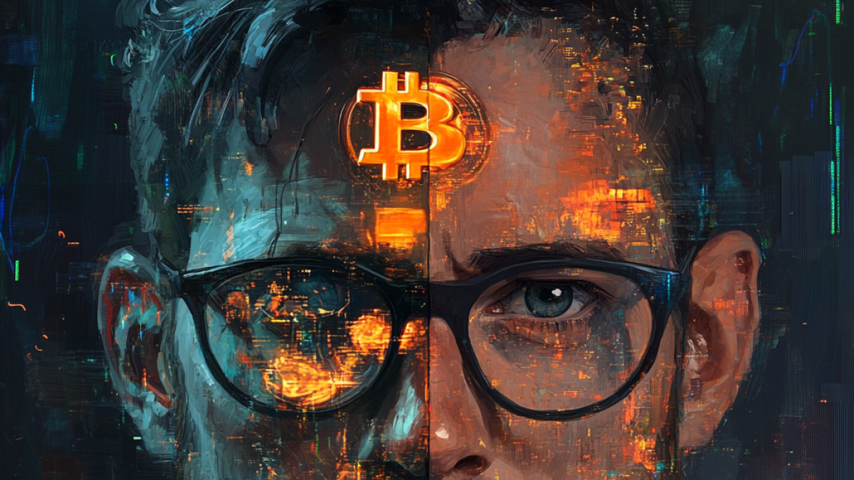 Representación del inversor cripto moderno: entre lo humano y lo digital, con el símbolo de Bitcoin como epicentro de una identidad en transformación.