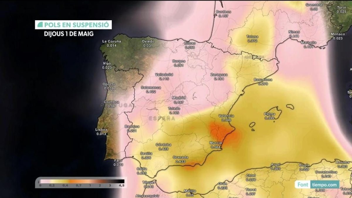 Mapa difundido por Ametse sobre la entrada de polvo en suspensión en la Península.