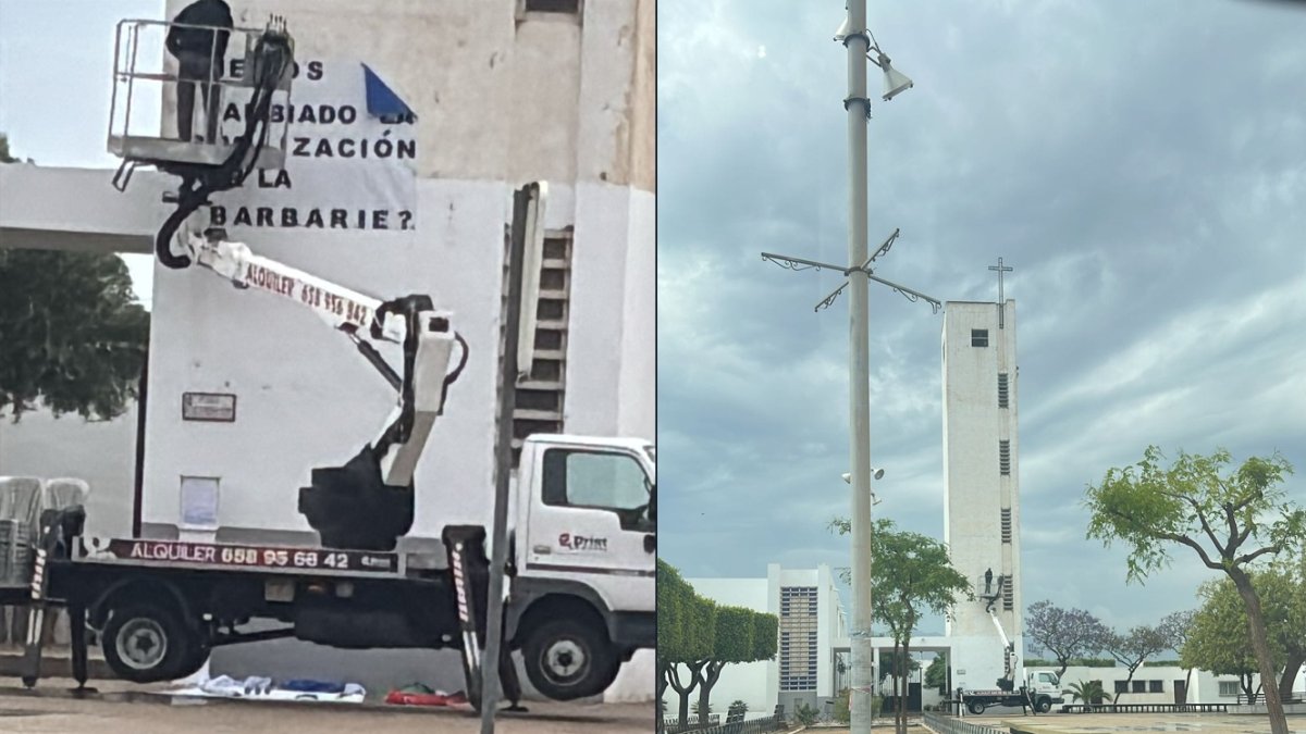 La grúa retira las pancartas de la iglesia de San Isidro en Níjar.