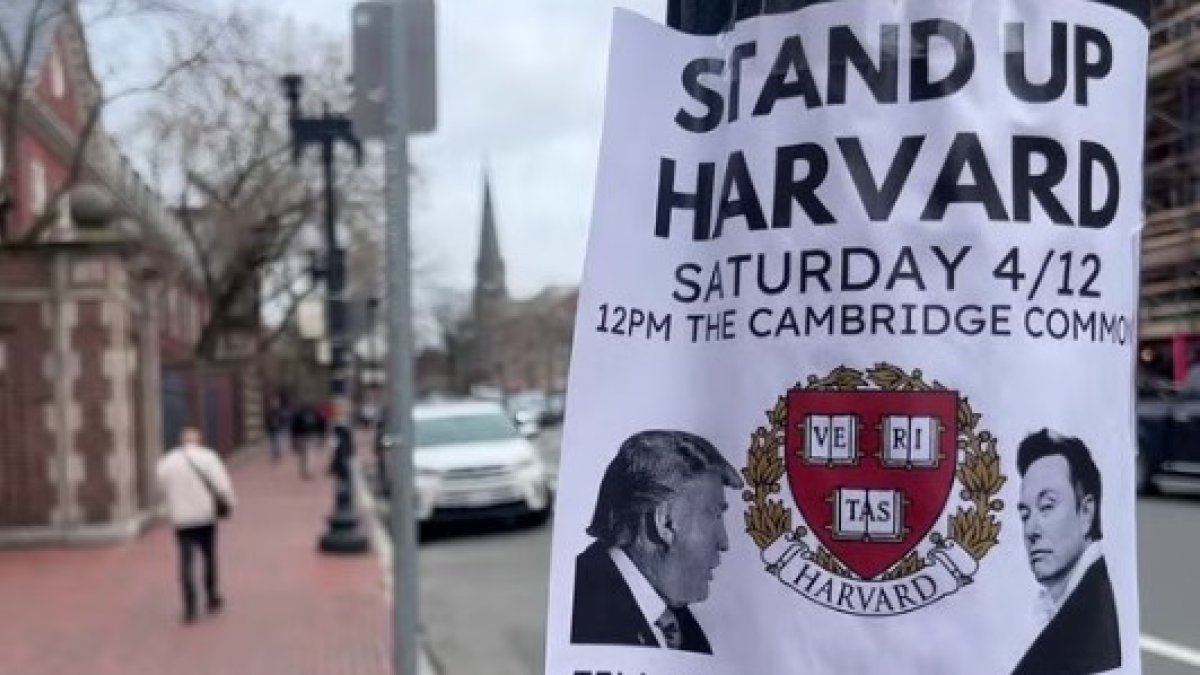 Cartel cerca de Harvard con trump y Elon Musk como protagonistas.