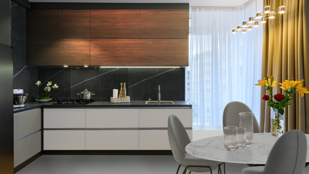 Cocina moderna y elegante con frentes porcelánicos en mármol veteado negro y muebles gola push, en madera.