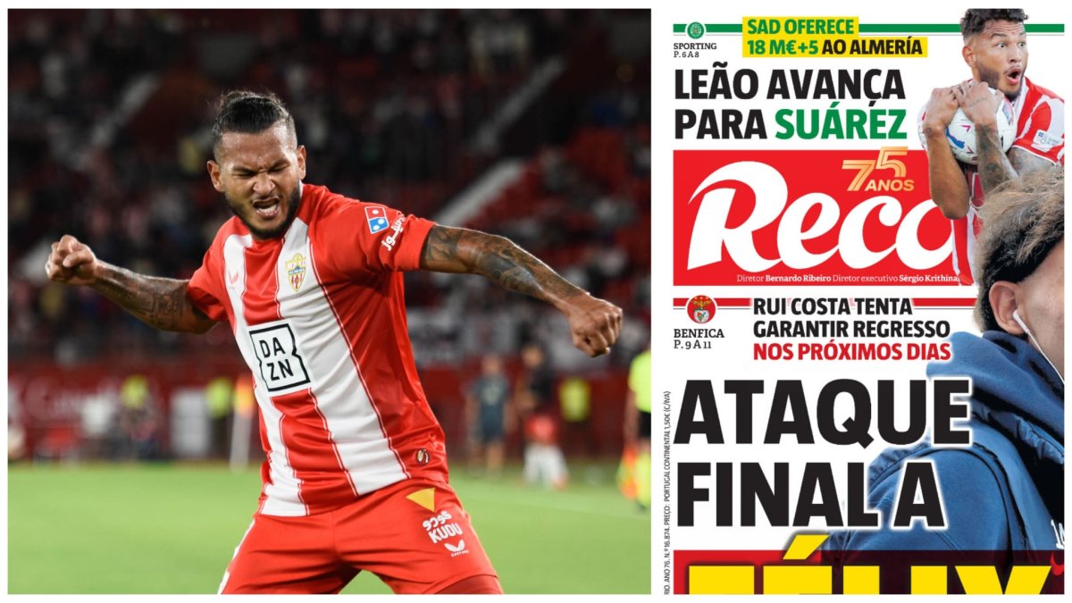 Luis Suárez celebrando un gol y en la portada de Récord este lunes.