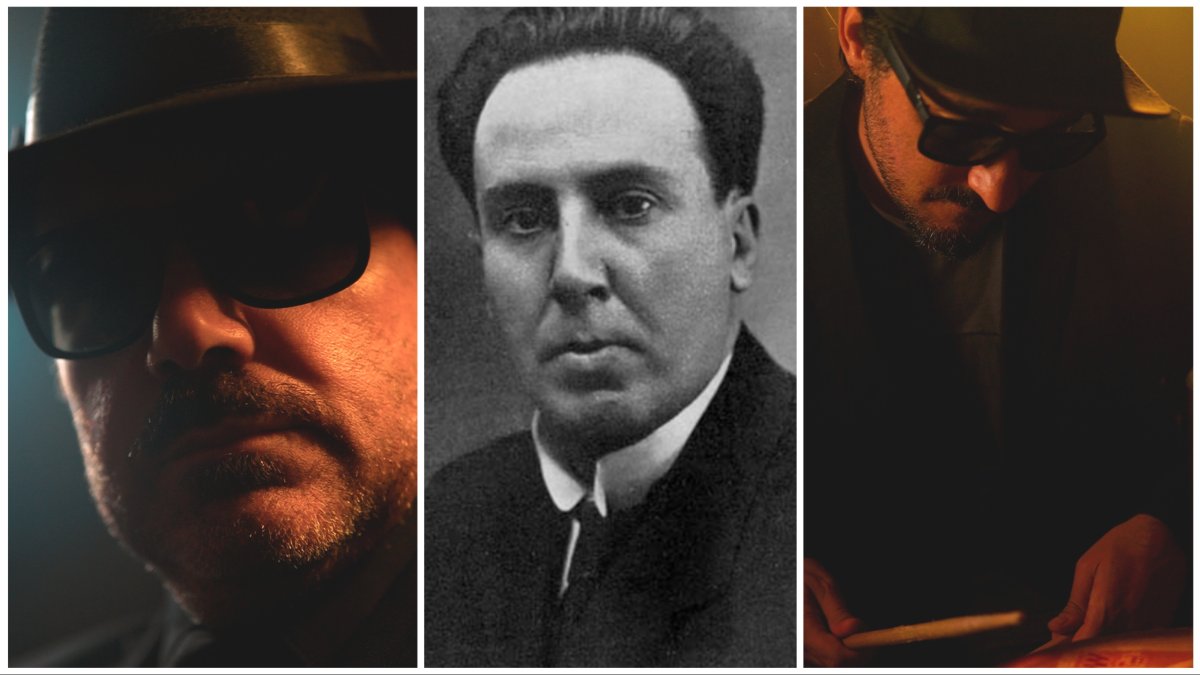 Julio Béjar y Fran Elare, integrantes de Los Amantes, y en el centro el poeta Antonio Machado.