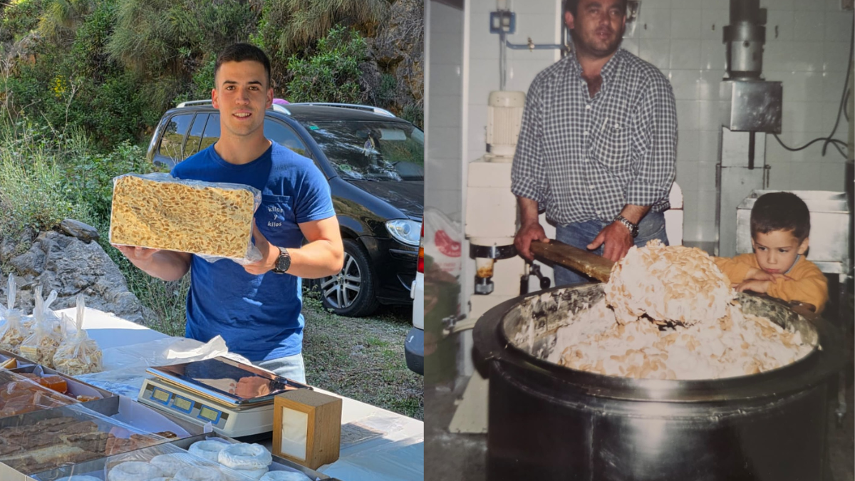 Pedro Ibáñez ahora (izquierda) y junto a su padre (derecha) aprendiendo el oficio de turronero.
