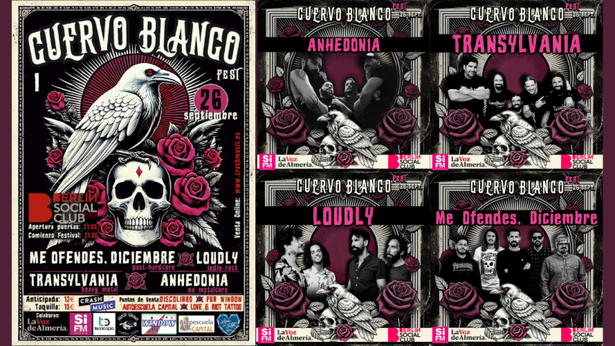 Collage a partir de fotos proporcionadas por la organización con el cartel del festival Cuervo Blanco Fest.