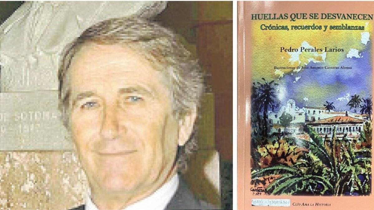 El profesor Pedro Perales Larios y la portada del libro que acaba de publicar con dibujos de José Antonio Canteras.