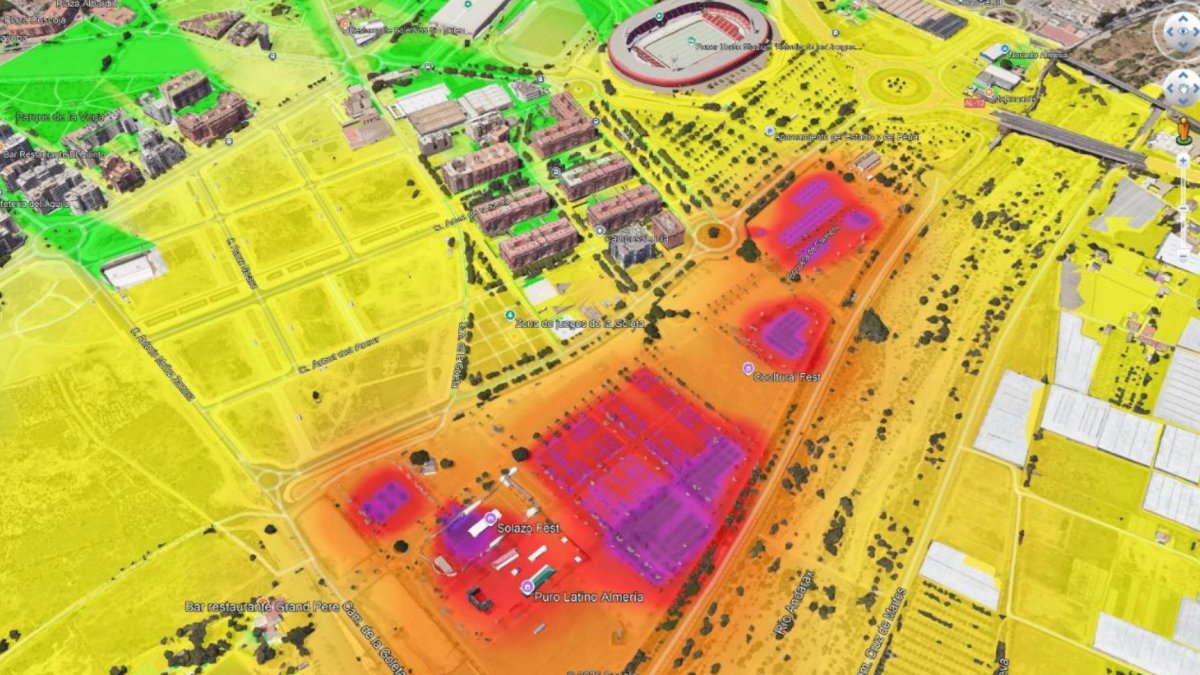 Mapa realizado con el software predictivo que vaticina cómo será el ruido de la Feria.