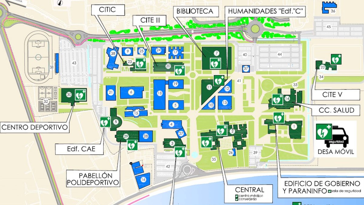 Mapa de distribución de los desfibriladores instalados en el campus de la Universidad de Almería.