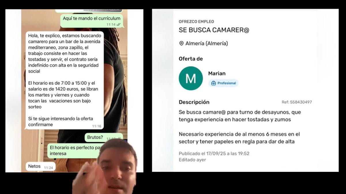 La cuenta de TikTok @soycamarero muestra la oferta de trabajo fraudulenta.