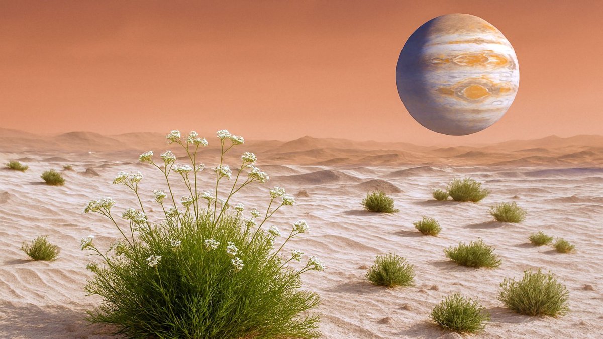 Recreación con inteligencia artificial de cultivo de una planta en Marte.
