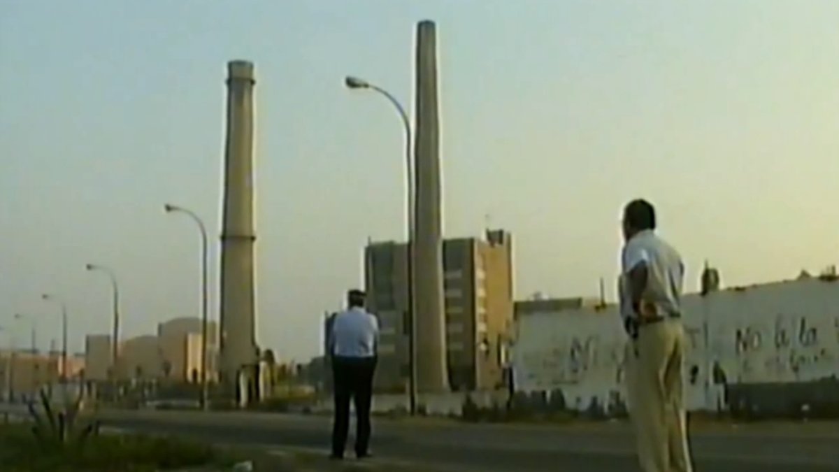 La Policía Local y algunos curiosos que se acercaron a presenciar la demolición de las chimeneas de la Térmica.