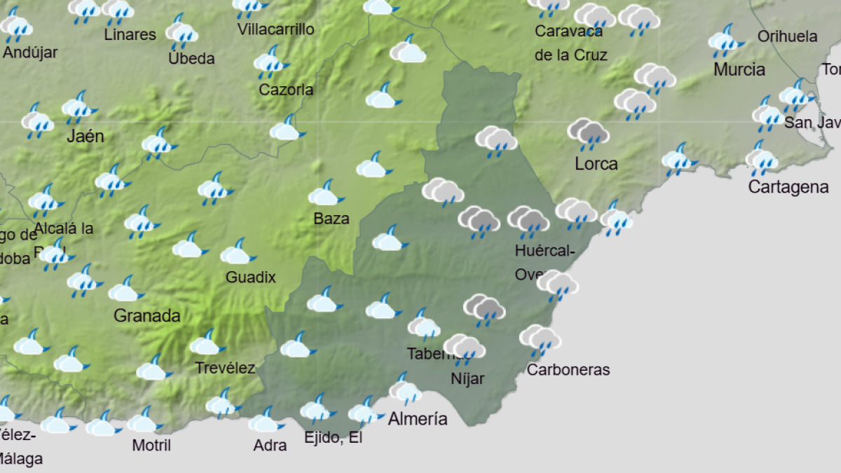 Mapa provincial con las previsiones de lluvia en las últimas horas del domingo.