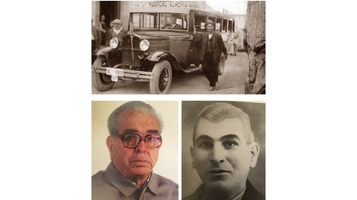 Ramón del Pino Alvarez apoyado en su primer vehículos de pasajeros y al volante su hijo Ramón del Pino Nieto. Debajo, retrato de los dos.