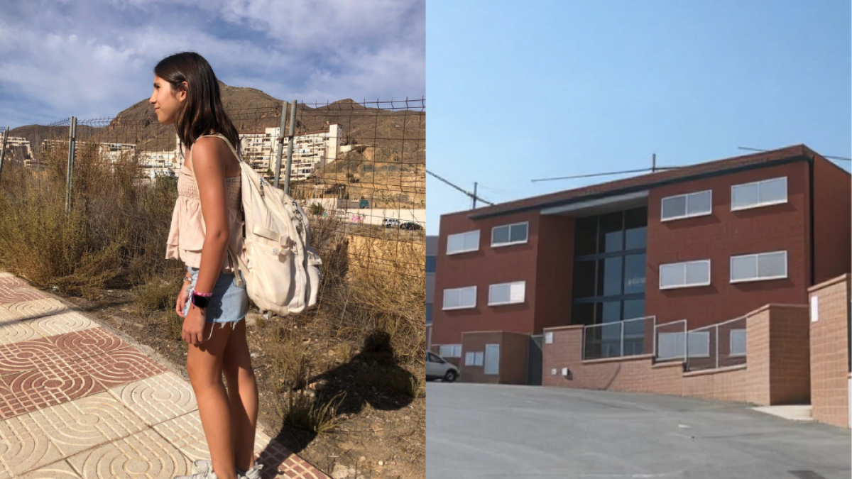 Izquierda, Guadalupe en su camino al instituto con su mochila. Derecha, el IES Mar Mediterráneo