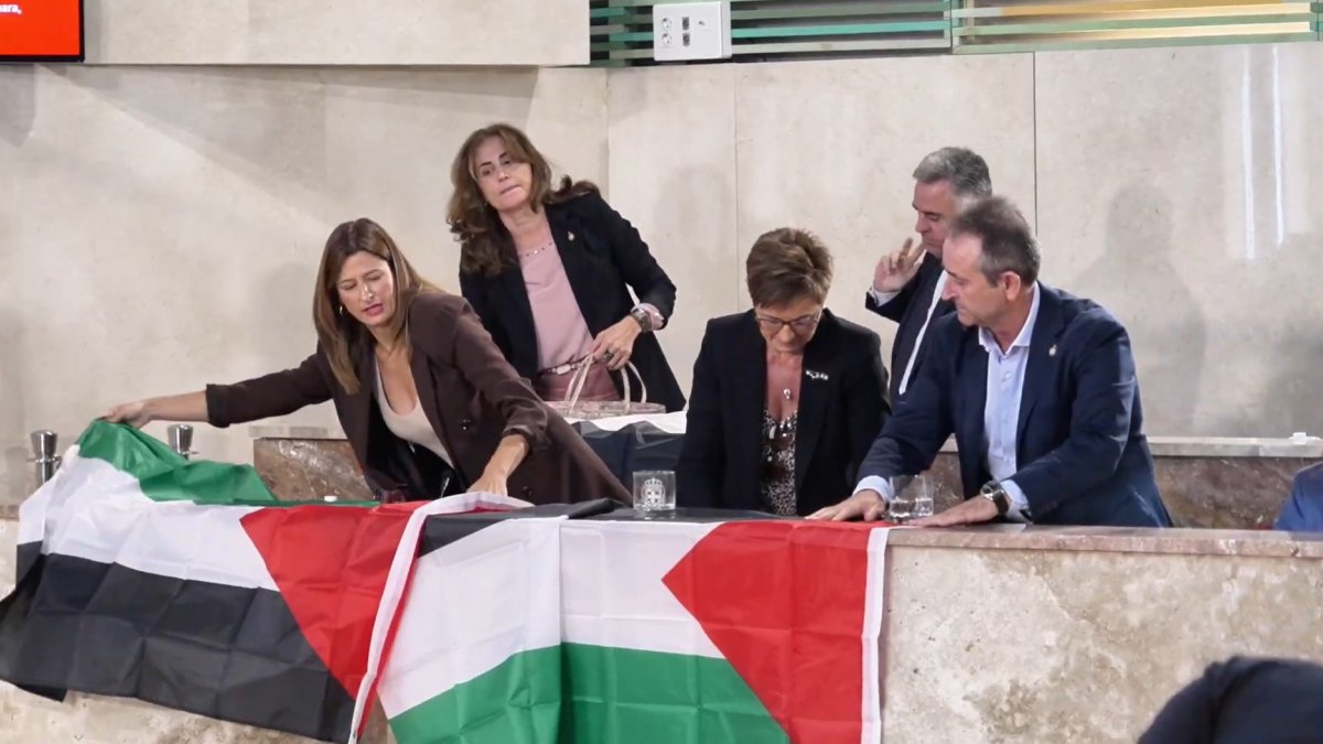 Momento en el que los socialistas colocan las banderas y se marchan del plenario