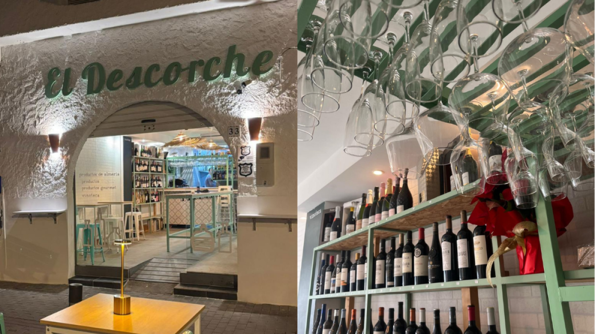 Izquierda, fachada de El Descorche. Derecha, interior del bar de vinos.