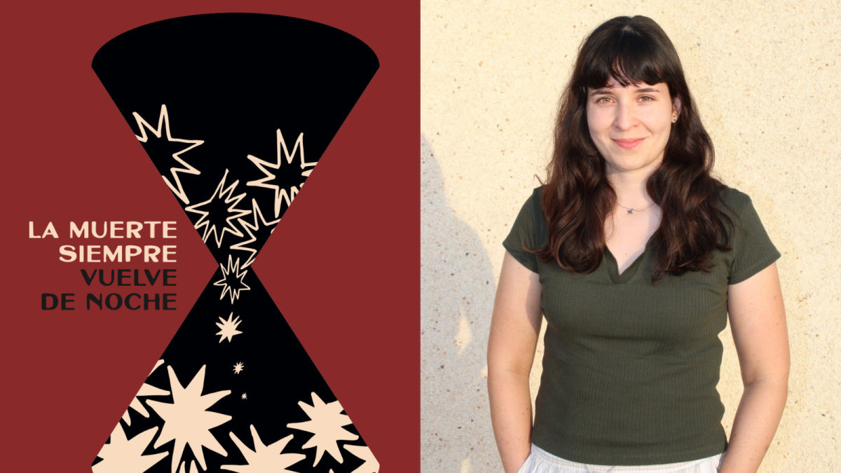 A la derecha, la portada de 'La muerte siempre vuelve de noche'. A la derecha, la autora,  Arantxa García Antolín.