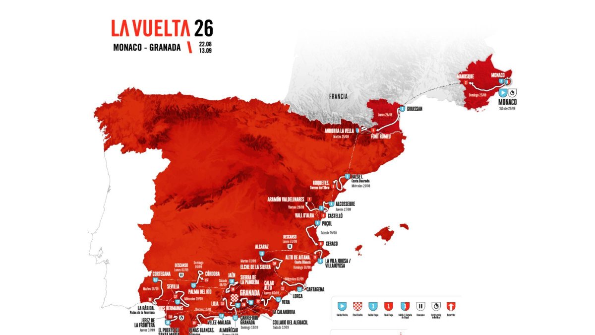 Mapa de La Vuelta 2026, con cinco etapas para los aficionados al ciclismo de Almería.