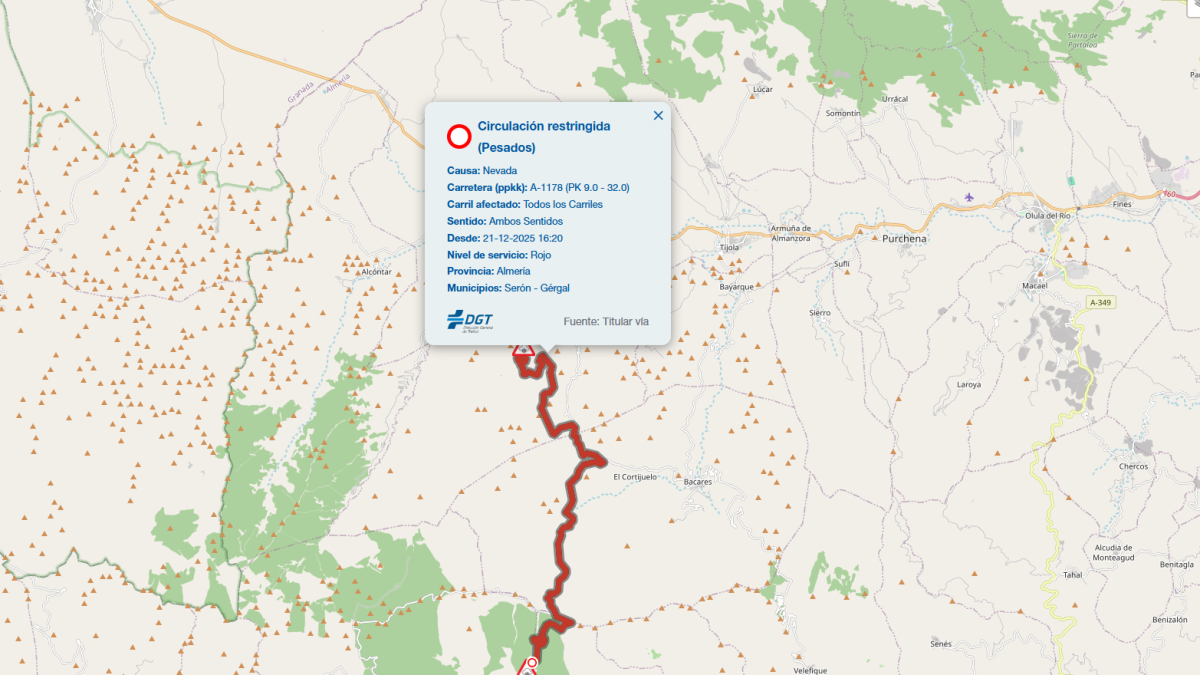 Mapa de la DGT donde se ve afectada la carretera A-1178 entre Serón y Gérgal