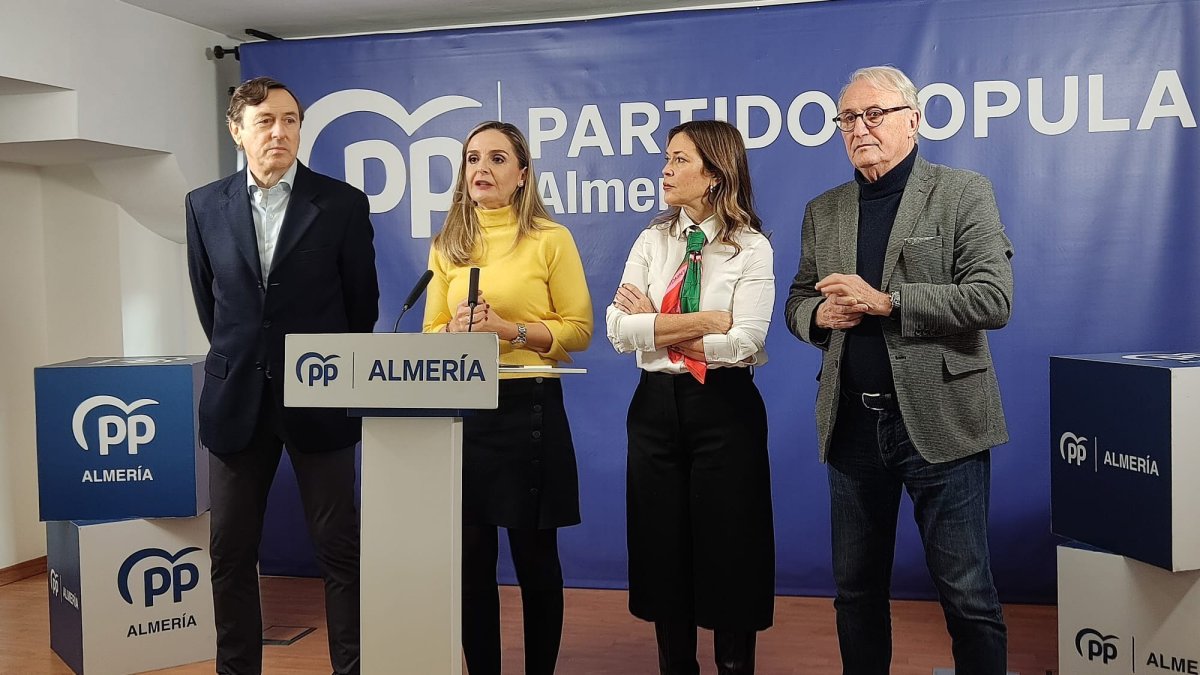 Los diputados nacionales del PP por Almería Maribel Sánchez Torregrosa, Rafael Hernando y Ana Martínez Labella, junto al senador Jesús Caicedo, durante la rueda de prensa.