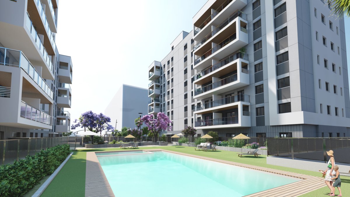 Recreación del proyecto de edificio plurifamiliar de 92 viviendas protegidas en Almería.