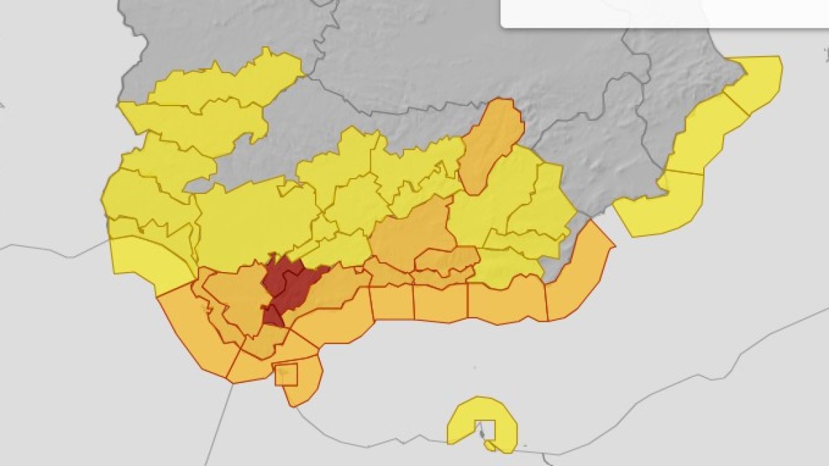 Mapa de Andalucía con los avisos previstos para mañana miércoles
