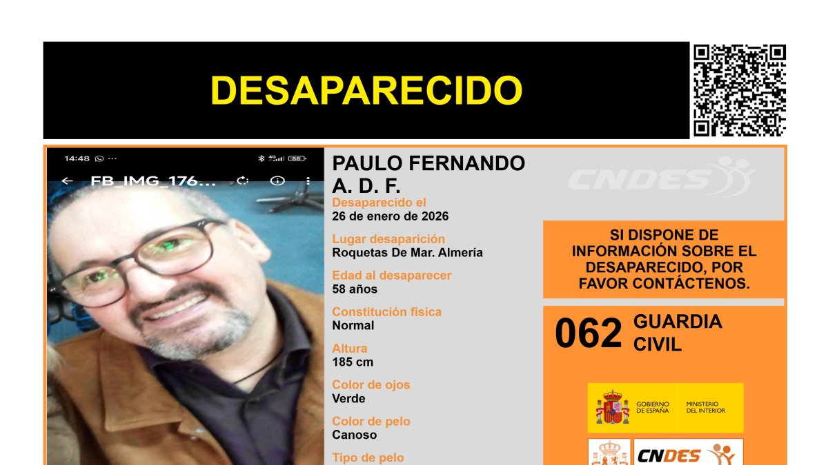 Cartel de Paulo Fernando, desparecido en Roquetas.