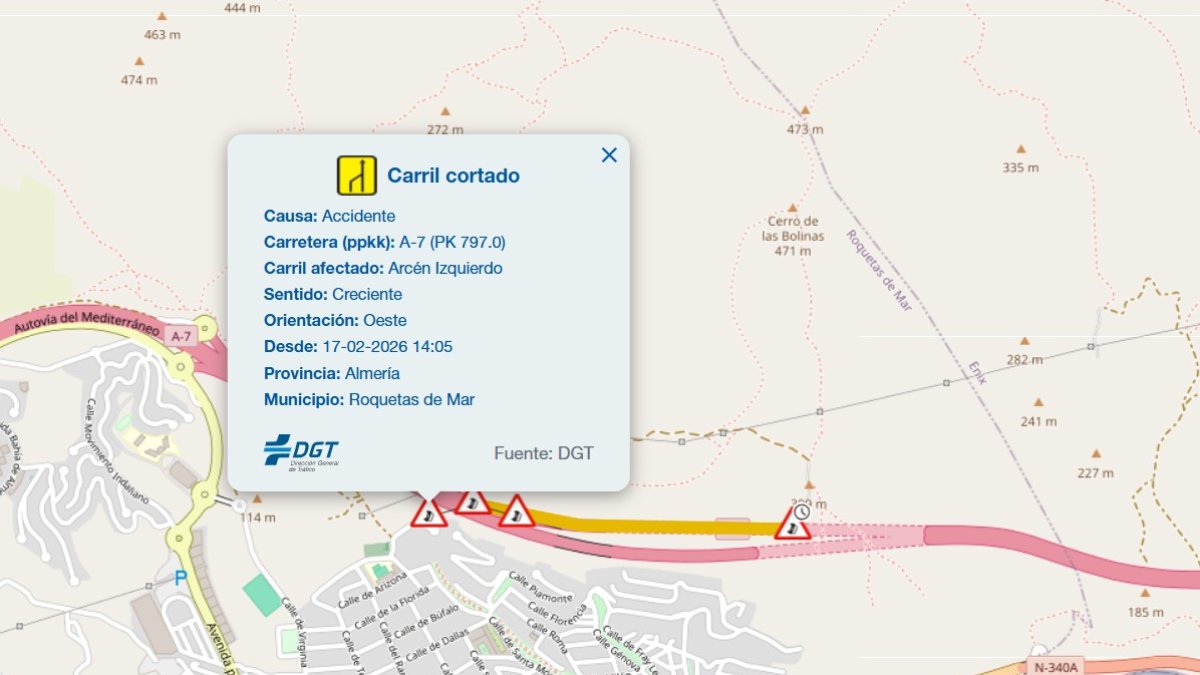 El mapa de la Dirección General de Tráfico (DGT) informa del incidente y las retenciones en la A-7.