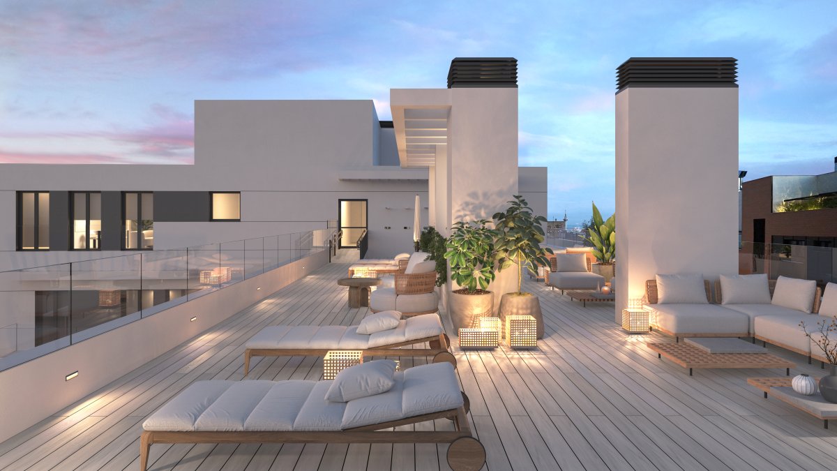 Una de las terrazas del edificio del barrio Salamanca construido por Jarquil.