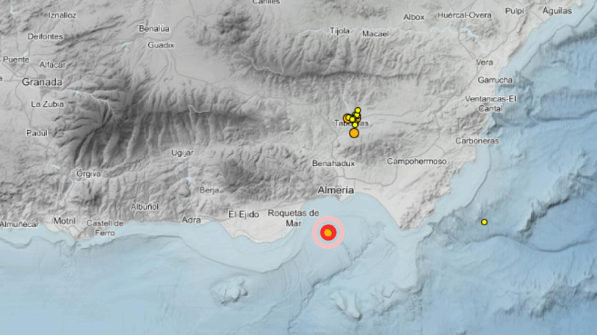 Mapa del IGN con los últimos terremotos en Almería.