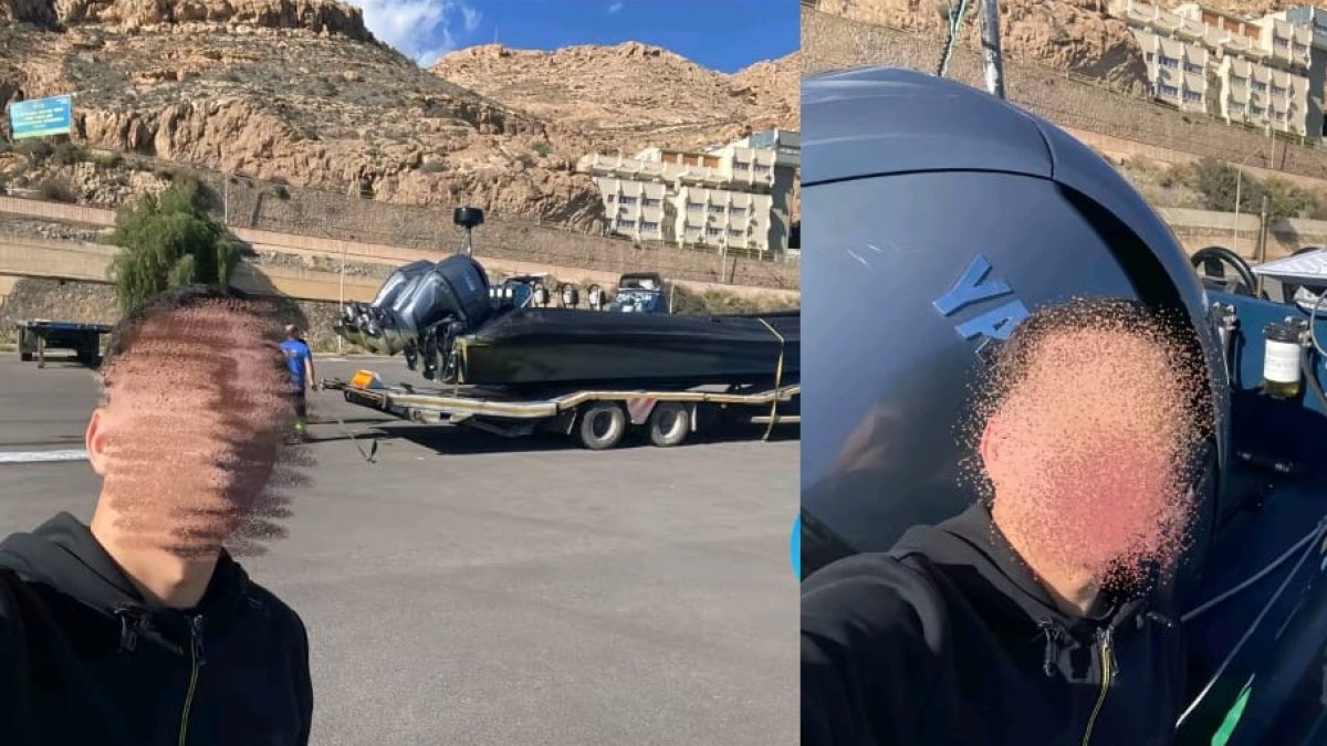 Dos de las imágenes compartidas por uno de los jóvenes posando ante una narcolancha.