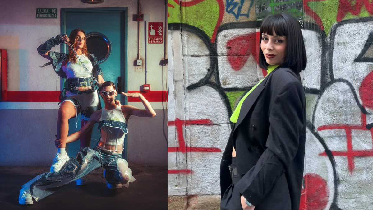 A la izquierda, dos de los diseños de la colección premiada. A la derecha, Astrid Manzanares, la autora.