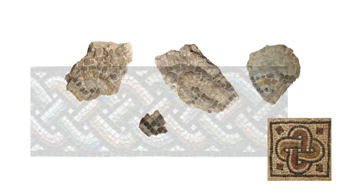 Restos de mosaicos en la villa de Vera. En la esquina inferior derecha, un nudo de Salomón, posible diseño según piezas halladas.