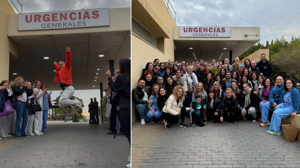 Dos imágenes del homenaje a Pepe Martínez. A la izquierda, salta entre sus compañeros. A la derecha, todos ellos ante el servicio de Urgencias.