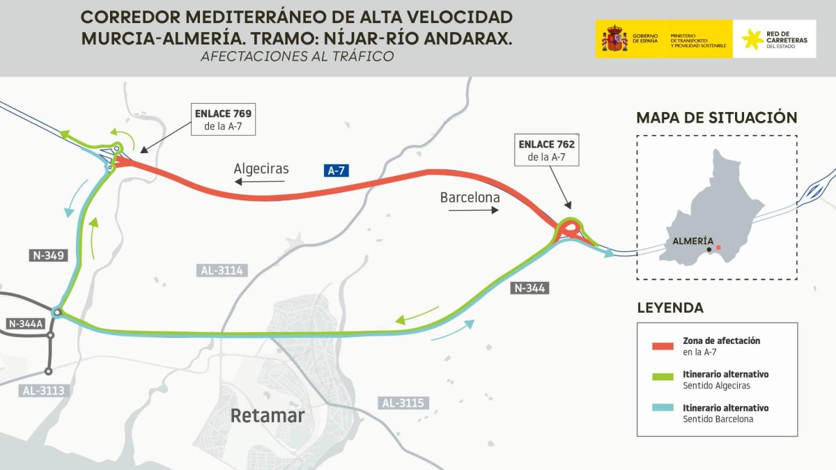 Mapa de las afectaciones al tráfico en el tramo Níjar-Río Andarax de la Alta Velocidad.