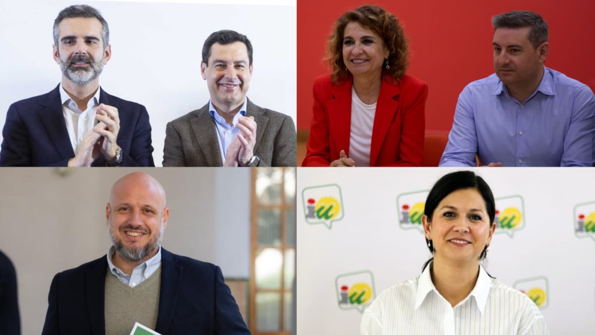 Ramón Fernández-Pacheco, Juanma Moreno (PP); María Jesús Montero, José Nicolás Ayala (PSOE); Rodrigo Alonso (Vox); y María Jesús Amate (Por Andalucía).