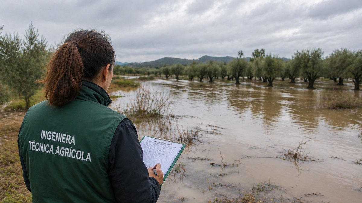 Ingeniera Técnica Agrícola colegiada inspeccionando una zona anegada por las borrascas.
