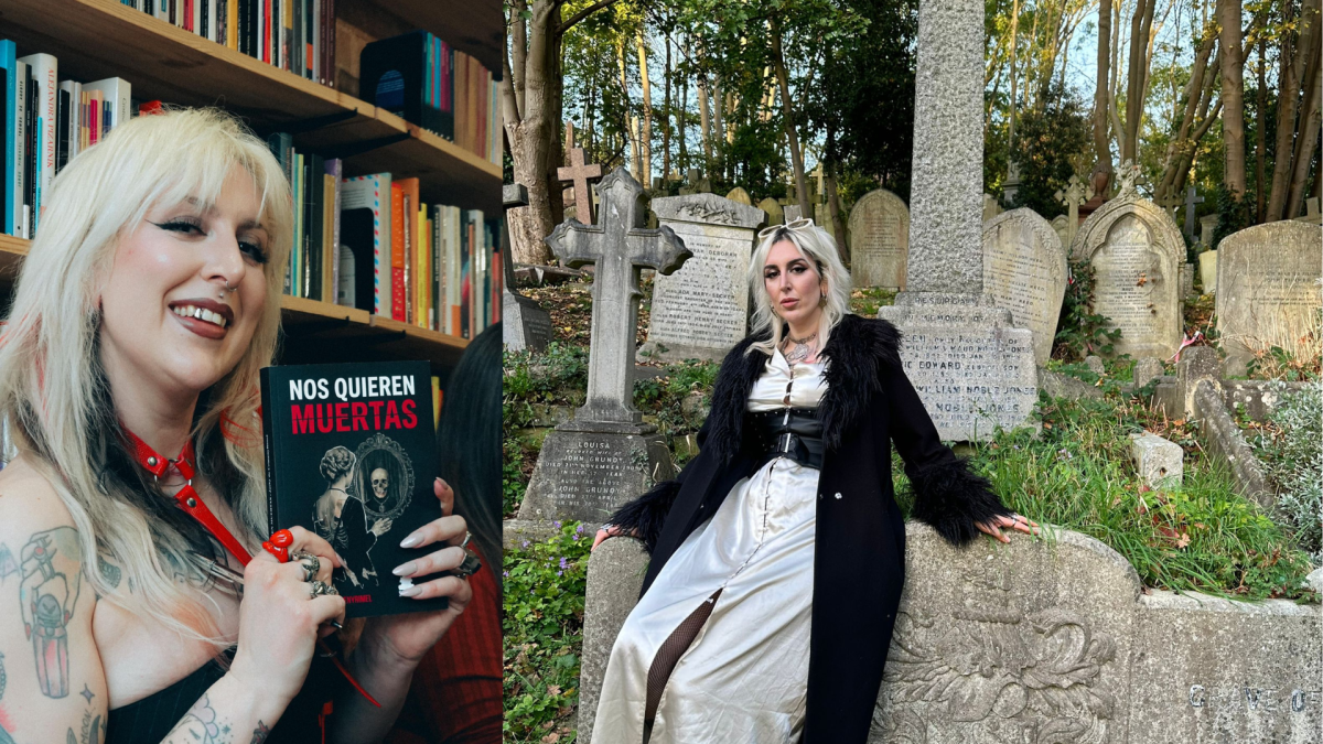 A la izquierda: Jacky, de @crimenyrimel, con su libro 'Nos quieren muertas'. A la derecha: la joven en un cementerio británico.