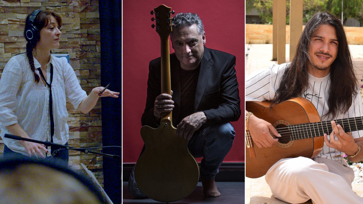 La compositora de cine Pilar Onares y los guitarristas Antonio Gómez y José del Tomate.