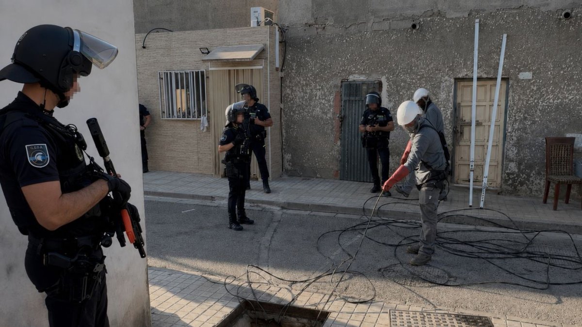 Agentes de la Policía Local durante el dispositivo de seguridad y salubridad desarrollado en el Pozo de la Tía Manolica, en El Ejido (Almería).