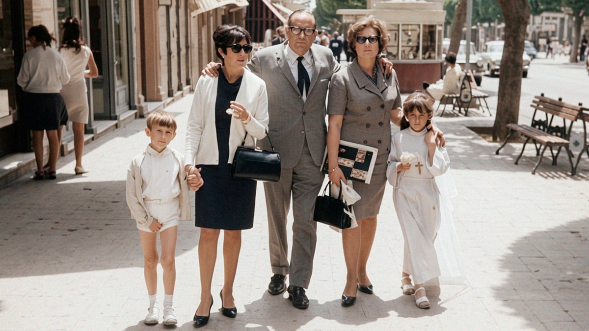La familia Pérez Porras, dando una vuelta por el Paseo  después de la Primera Comunión de su hija. Años 70.
