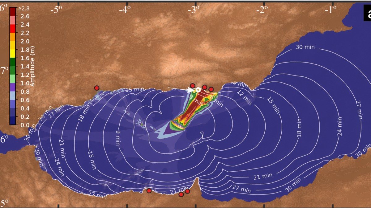 Mapa del estudio en el que se simula el impacto del tsunami en la costa almeriense.